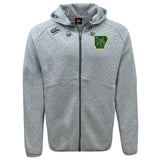The Arkansas Gryphons Tempo Vapodri Full-Zip Hoodie by EMB Canterbury features a hood, front pockets, the Canterbury logo on the right chest, a green and yellow wallaby emblem on the left, and moisture-wicking fabric for all-day comfort.
