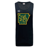 The Arkansas Gryphons Tempo Vapodri Singlet by WRS Canterbury is a black recycled polyester athletic shirt with a gold griffin inside an Arkansas outline, plus a star and "est. 2006" on the chest.