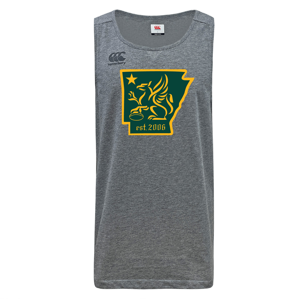 The Arkansas Gryphons Tempo Vapodri Singlet by WRS Canterbury features a green and yellow winged lion inside Arkansas with "est. 2006" below. Made with recycled polyester for comfort and performance.