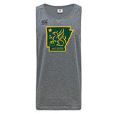 The Arkansas Gryphons Tempo Vapodri Singlet by WRS Canterbury features a green and yellow winged lion inside Arkansas with "est. 2006" below. Made with recycled polyester for comfort and performance.