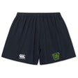 The Arkansas Gryphons Yokohama Short by EMB Canterbury features navy blue fabric, an elastic waistband, a white Canterbury rugby logo left side, and a green and gold embroidered crest right side, inspired by the classic Yokohama Short.