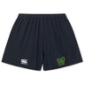 The Arkansas Gryphons Yokohama Short by EMB Canterbury features navy blue fabric, an elastic waistband, a white Canterbury rugby logo left side, and a green and gold embroidered crest right side, inspired by the classic Yokohama Short.