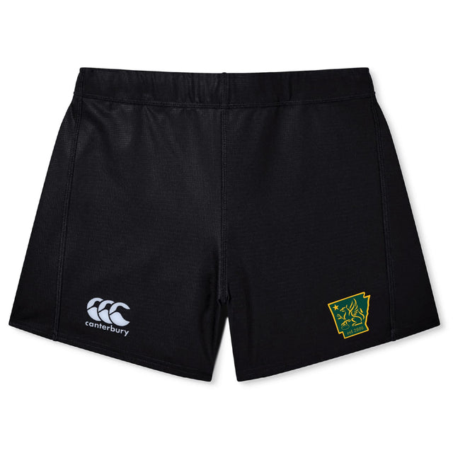 The Arkansas Gryphons Women's Yokohama Short by EMB Canterbury features the classic Canterbury rugby logo on the left leg and a green and yellow embroidered patch on the right, ideal for fans of Yokohama style.