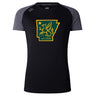 The Arkansas Gryphons Women's Elite Training Tee by WRS Canterbury features black and gray recycled polyester, plus a yellow and green griffin, star, and “est. 2006” graphic inside an Arkansas outline on the chest.