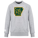 The Arkansas Gryphons Club Crew Sweatshirt by WRS Canterbury features a green and gold griffin inside an Arkansas outline with "est. 2006," plus an embroidered CCC logo on the ultra-soft light gray sleeve.