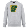 The Arkansas Gryphons Club Crew Sweatshirt by WRS Canterbury features a green and gold griffin inside an Arkansas outline with "est. 2006," plus an embroidered CCC logo on the ultra-soft light gray sleeve.