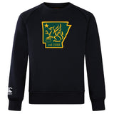 The Arkansas Gryphons Club Crew Sweatshirt by WRS Canterbury is ultra soft, black, and features Arkansas’s outline with a griffin, star, “est. 2006” in yellow-green, plus an embroidered CCC logo on the left sleeve.