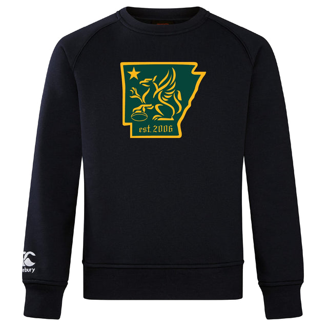 The Arkansas Gryphons Club Crew Sweatshirt by WRS Canterbury is ultra soft, black, and features Arkansas’s outline with a griffin, star, “est. 2006” in yellow-green, plus an embroidered CCC logo on the left sleeve.