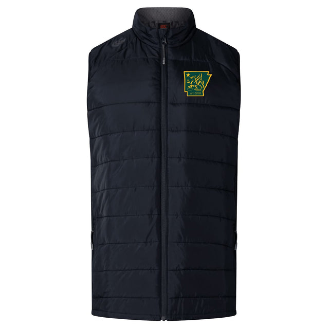 The EMB Canterbury Arkansas Gryphons Elite Microlite Gilet is a black insulated vest with horizontal stitching, a front zipper, and a green and yellow Arkansas-themed logo on the left chest.