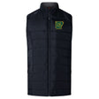 The Arkansas Gryphons Women's Elite Microlite Gilet by EMB Canterbury is a black quilted insulated vest with a front zipper and an embroidered green and yellow state outline and tree logo on the left chest.