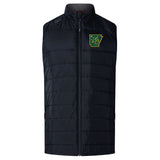 The Arkansas Gryphons Women's Elite Microlite Gilet by EMB Canterbury is a black quilted insulated vest with a front zipper and an embroidered green and yellow state outline and tree logo on the left chest.
