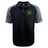 The Arkansas Gryphons Elite Polo by EMB Canterbury features Vapodri fabric, a green and yellow Arkansas logo on the left chest, and a Canterbury logo on the right shoulder. This lightweight black and gray polo offers comfort and style.