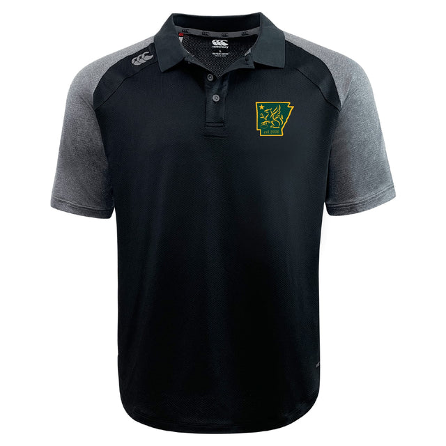 The Arkansas Gryphons Elite Polo by EMB Canterbury features Vapodri fabric, a green and yellow Arkansas logo on the left chest, and a Canterbury logo on the right shoulder. This lightweight black and gray polo offers comfort and style.