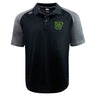 The Arkansas Gryphons Elite Polo by EMB Canterbury features Vapodri fabric, a green and yellow Arkansas logo on the left chest, and a Canterbury logo on the right shoulder. This lightweight black and gray polo offers comfort and style.