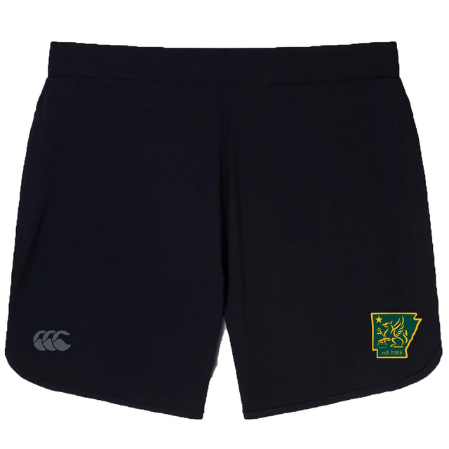 The Arkansas Gryphons Elite Woven Short by EMB Canterbury features a small yellow and green emblem on the left leg, a grey Canterbury logo on the right, and zippered pockets—ideal for any training shorts collection.