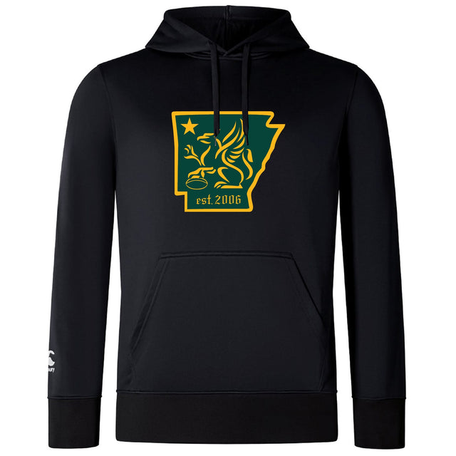 The Arkansas Gryphons Club Lightweight Hoodie by WRS Canterbury is a black hoodie with a yellow-green griffin, star, and "est. 2006" in an Arkansas outline, custom made for Canterbury Club and finished with a small white logo near the left cuff.