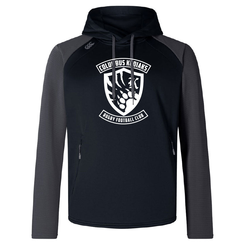 The Columbus Kodiaks Elite Training Hoody by WRS Canterbury pairs black and dark gray hues with a white club logo on the chest, crafted from premium fabrics for top performance and comfort.