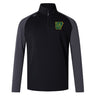 The Arkansas Gryphons Elite First Layer by EMB Canterbury is a black and dark gray, long-sleeve quarter-zip rugby training top with a yellow and green logo on the left chest and a small logo on the right shoulder.