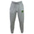 The Arkansas Gryphons Leisure Sweatpant by EMB Canterbury features gray organic cotton fleece, a drawstring waist, white logo on the left thigh, and a green-yellow patch on the right—perfect for leisure.