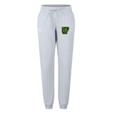 The Arkansas Gryphons Women’s Leisure Sweatpant by EMB Canterbury is light gray organic cotton, with a drawstring waist, green and yellow kangaroo logo on the left thigh, and white logo on the right hip.