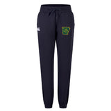 The Arkansas Gryphons Women's Leisure Sweatpant by EMB Canterbury features navy blue organic cotton, a drawstring waist, side pockets, and two logos: a white "CCC" on the left thigh and a green-yellow emblem on the right.