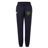 The Arkansas Gryphons Women's Leisure Sweatpant by EMB Canterbury features navy blue organic cotton, a drawstring waist, side pockets, and two logos: a white "CCC" on the left thigh and a green-yellow emblem on the right.