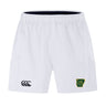 The Arkansas Gryphons Advantage Short 2.0 by EMB Canterbury are white performance sports shorts with an elastic waistband, black Canterbury logo on the left leg, and a green-and-yellow badge on the right. Sustainable athletic wear.