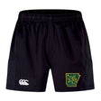 The Arkansas Gryphons Advantage Short 2.0 by EMB Canterbury features an elastic waistband, a white Canterbury logo on one leg, and a green and yellow patch with a griffin and Arkansas outline on the other.