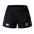 The Arkansas Gryphons Women's Advantage Short 2.0 by EMB Canterbury features a white Canterbury logo on the left leg and a green and yellow lion patch on the right, designed for sustainable athletic performance.