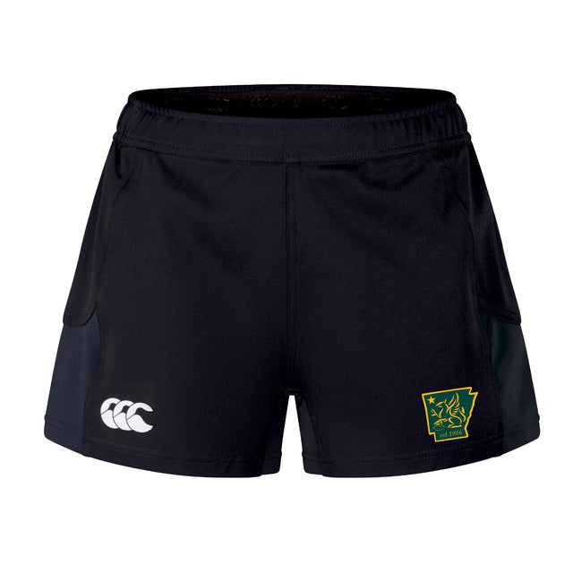 The Arkansas Gryphons Women's Advantage Short 2.0 by EMB Canterbury features a white Canterbury logo on the left leg and a green and yellow lion patch on the right, designed for sustainable athletic performance.