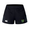 The Arkansas Gryphons Women's Advantage Short 2.0 by EMB Canterbury features a white Canterbury logo on the left leg and a green and yellow lion patch on the right, designed for sustainable athletic performance.