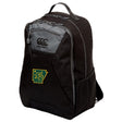 The EMB Canterbury Arkansas Gryphons Medium Backpack features black fabric with gray accents, a front zip pocket, mesh side pocket, padded laptop sleeve, water repellent finish, and a green-and-yellow Arkansas-themed logo patch.