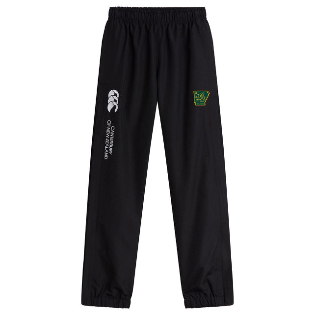 The Arkansas Gryphons Cuffed Hem Stadium Pant by EMB Canterbury features an elastic waistband and cuffs, a Canterbury logo and text on the left leg, and a green and yellow crest on the right thigh for style and comfort.