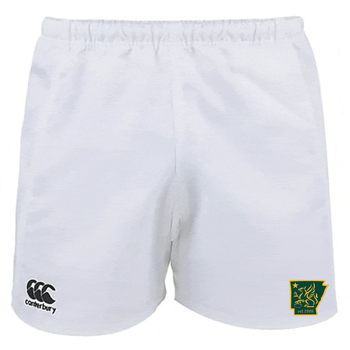 The Arkansas Gryphons Advantage Rugby Shorts by EMB Canterbury feature the CCC logo on the left leg and a green and yellow emblem on the right.