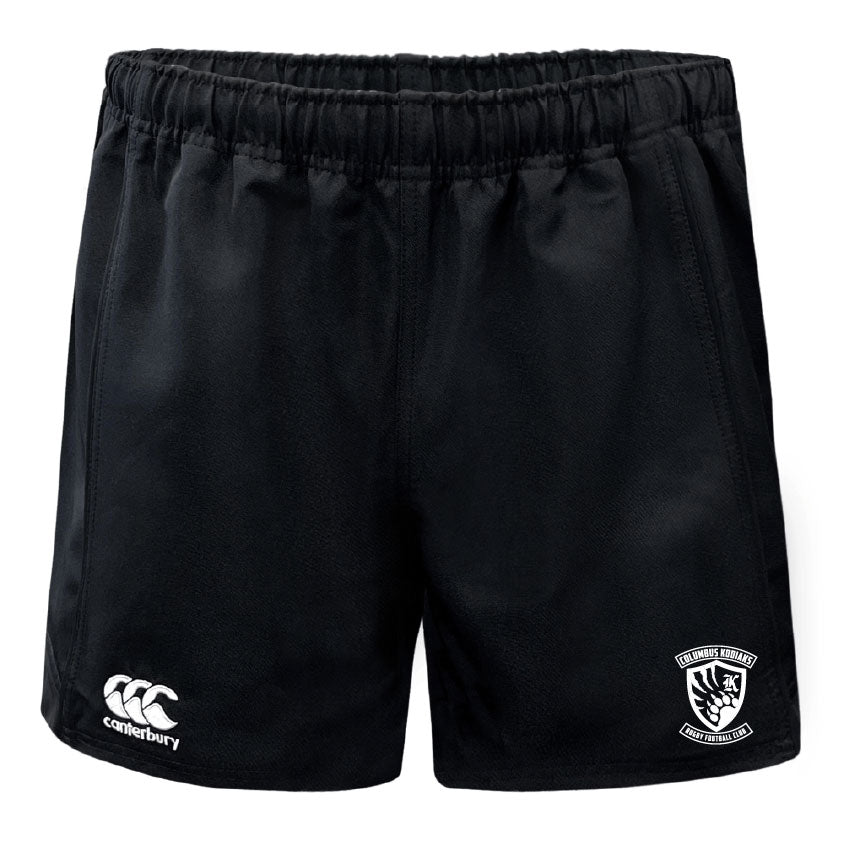 The Columbus Kodiaks Professional Polyester Rugby Short by EMB Canterbury features an elastic waistband, the Canterbury logo on the left leg, a crest with text on the right, and is made from durable polyester for peak performance.