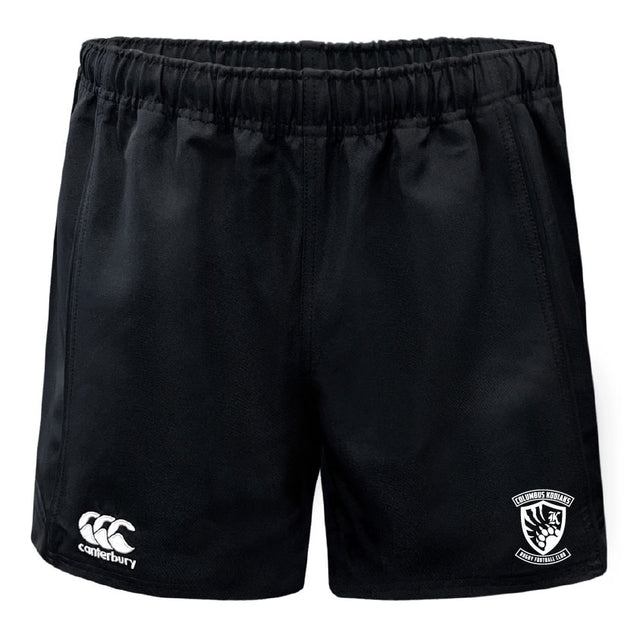 The Columbus Kodiaks Professional Polyester Rugby Short by EMB Canterbury features an elastic waistband, the Canterbury logo on the left leg, a crest with text on the right, and is made from durable polyester for peak performance.