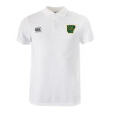The Arkansas Gryphons Waimak Polo by EMB Canterbury is a white men's polo featuring the Canterbury rugby logo on the right chest and a green and yellow "La Salle" emblem on the left, in classic CCC Waimak Rugby Polo style.