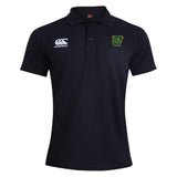 The Arkansas Gryphons Waimak Polo by EMB Canterbury is a black short-sleeve rugby polo with a Canterbury logo on the right chest and a green and yellow Arkansas Gryphons crest on the left—perfect for rugby fans.