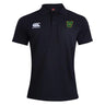 The Arkansas Gryphons Waimak Polo by EMB Canterbury is a black short-sleeve rugby polo with a Canterbury logo on the right chest and a green and yellow Arkansas Gryphons crest on the left—perfect for rugby fans.