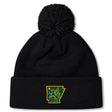 The Arkansas Gryphons Pom Pom Beanie by EMB Canterbury features black fleece lining, a pom-pom, and a yellow-green embroidered Arkansas patch with lion and "est 2006"—a custom rugby hat for fans.