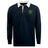 The EMB Mudoo Arkansas Gryphons Classic Long Sleeve Solid Rugby Jersey is a black rugby shirt with a white collar, button placket, and a small green and yellow logo on the left chest.