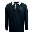 The EMB Mudoo Arkansas Gryphons Classic Long Sleeve Solid Rugby Jersey is a black rugby shirt with a white collar, button placket, and a small green and yellow logo on the left chest.