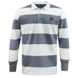 The EMB Mudoo Columbus Kodiaks Classic Long Sleeve Hooped Rugby Jersey features wide grey and white stripes, a crisp white collar, and an embroidered crest—ideal leisurewear for any casual occasion.