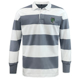 The EMB Mudoo Columbus Kodiaks Classic Long Sleeve Hooped Rugby Jersey features wide grey and white stripes, a crisp white collar, and an embroidered crest—ideal leisurewear for any casual occasion.