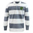 The EMB Mudoo Arkansas Gryphons Classic Long Sleeve Hooped Rugby Jersey features wide gray and white stripes, a classic collar, and a green and yellow chest patch for timeless comfort and style.