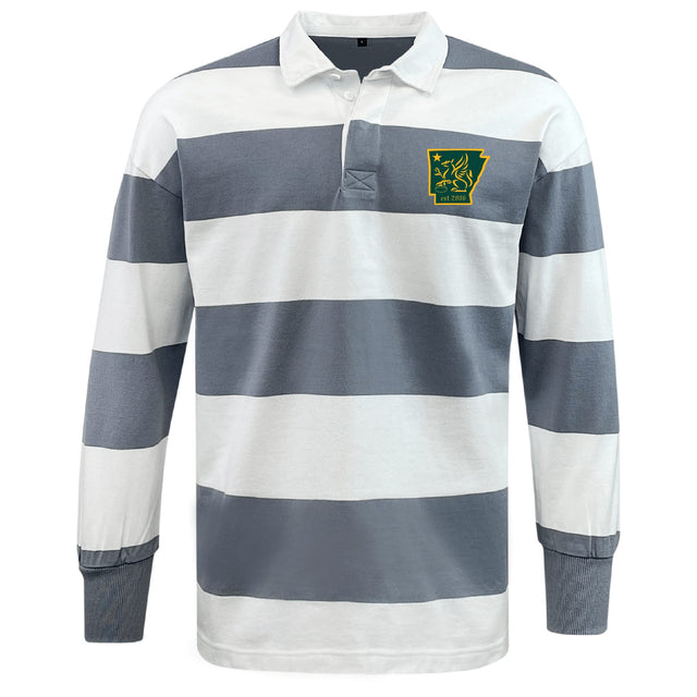 The EMB Mudoo Arkansas Gryphons Classic Long Sleeve Hooped Rugby Jersey features wide gray and white stripes, a classic collar, and a green and yellow chest patch for timeless comfort and style.