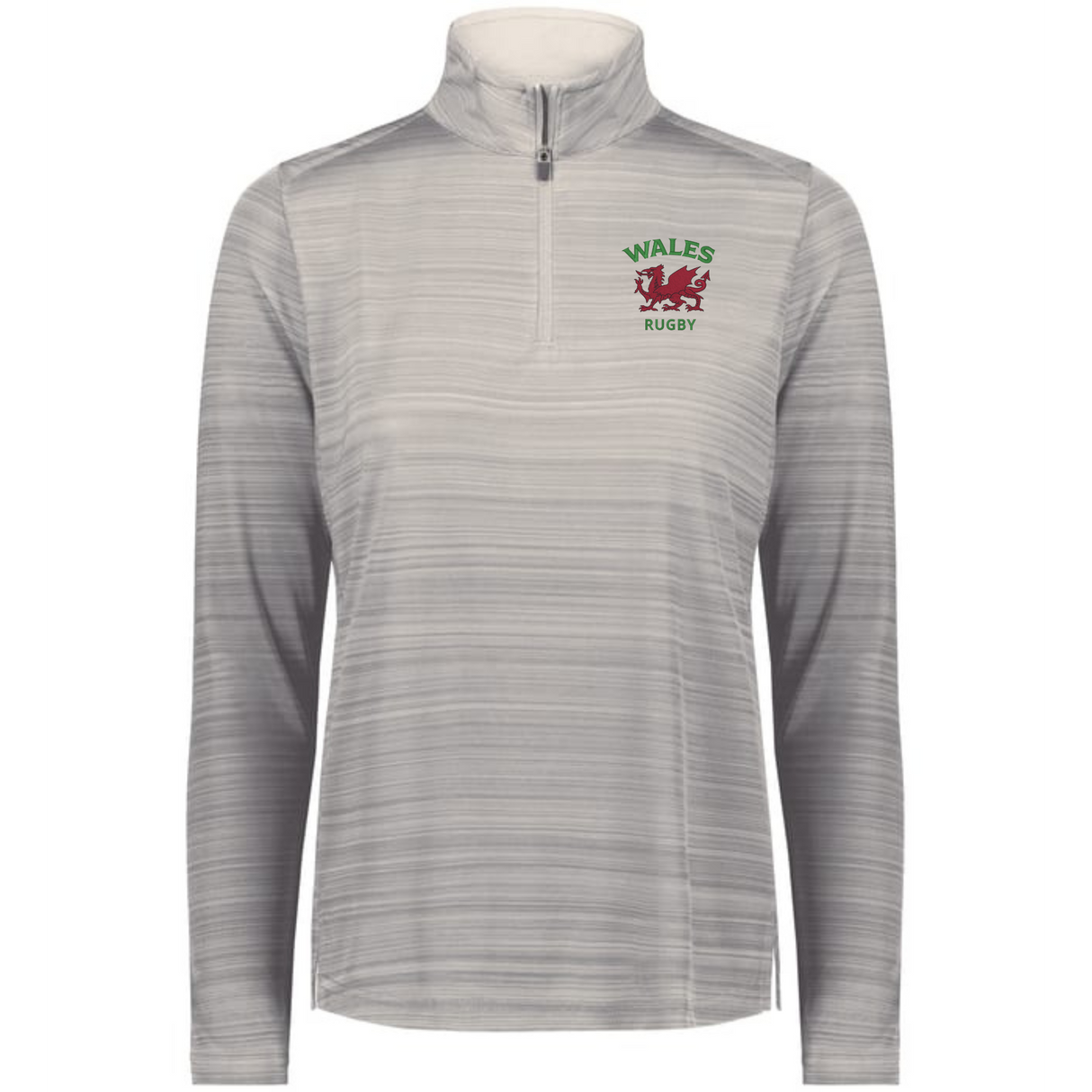 The EMB Augusta Women's Nations of Rugby Wales Pursuit 1/4 Zip Pullover is a light grey, long-sleeve athletic top with a "Wales Rugby" logo and red dragon on the chest, made from moisture-wicking fabric for comfort.