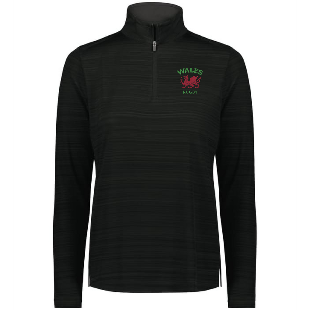 The EMB Augusta Women's Nations of Rugby Wales Pursuit 1/4 Zip Pullover features "WALES RUGBY" and a red dragon logo on the left chest, plus moisture-wicking fabric for comfort all day.