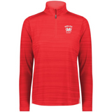 The EMB Augusta Women's Nations of Rugby Wales Pursuit 1/4 Zip Pullover is a red, long-sleeved, moisture-wicking top featuring "WALES RUGBY" and a white dragon emblem on the left chest.