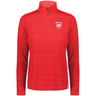 The EMB Augusta Women's Nations of Rugby Wales Pursuit 1/4 Zip Pullover is a red, long-sleeved, moisture-wicking top featuring "WALES RUGBY" and a white dragon emblem on the left chest.